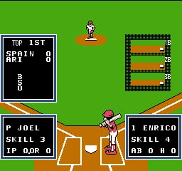 A baseball game interface displays a bright green field with two players at bat positions. The upper left shows a scoreboard with "TIP 1ST" and score information showing "SENEI" with values. The lower portion reveals a brown diamond-shaped baseball field diagram with two player stat boxes positioned left and right: "P JOEL SKILL 3 D OBP 0" and "1 ENRICO SKILL 4 D OBP 0". A small batter sprite stands at home plate, and three horizontal brown rectangles representing bases are visible on the right side of the field. Colorful diagonal stripe patterns in red, yellow, and green frame the bottom edges.