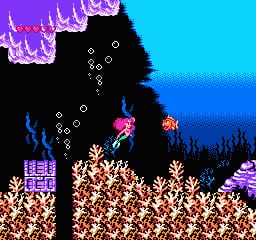Ariel swims through an underwater level filled with coral formations in white and orange tones. Small fish enemies appear in the center-right area, while purple jellyfish float in the upper portion. The background shows a dark seabed with silhouetted forest-like vegetation. A purple scrolling parallax layer at the top creates depth. The NES-era pixel art uses a bright cyan sky section and warm coral colors against darker water environments.