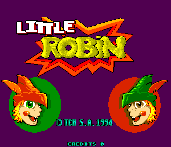 The title screen features a large yellow "ROBIN" text inside an orange jagged speech bubble beneath white "LITTLE" text at the top. Two cartoon character heads with orange hats and green circular backgrounds flank the title centrally. A purple gradient background fills the screen. Copyright text "© TCH S.A. 1994" appears in cyan below the characters, with cyan "CREDITS 0" text at the bottom. The art style uses bright colors and pixel-based sprite graphics typical of early 1990s arcade games.
