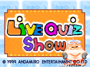 The title screen features large, colorful text reading "LIVE QUIZ SHOW" in orange, purple, and multi-colored letters against a light blue pixelated background. Below the title is a cartoon character with a round face and gray hair, smiling at the viewer. The copyright notice at the bottom reads "© 1999 ANDAMIRO ENTERTAINMENT CO.,LTD" in small white text. The overall art style uses bright, solid colors typical of late 1990s arcade games, with a playful, welcoming aesthetic.