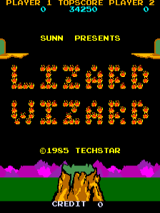 The title screen displays 'LIZARD WIZARD' in large pixelated orange letters in the center, with 'SUNN PRESENTS' above it in yellow text. At the top, a two-player score display shows 'PLAYER 1' and 'PLAYER 2' on either side. Below the title, a copyright notice reads '©1985 TECHSTAR'. A sprite of an orange lizard character with outstretched limbs appears above a green ground area with a purple wavy pattern. The bottom of the screen shows 'CREDIT 0' in white text. The color palette uses yellow, orange, green, purple, and black on a black background.