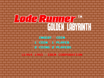 A brick-textured red background displays the title "Lode Runner" in red italicized text with "GOLDEN LABYRINTH" in white below it. Four menu options appear in cyan text: "INSERT COIN", "GAME 1 PLAYER", "GAME 2 PLAYERS", and "GAME 2 PLAYERS" listed again. At the bottom, red text reads "© 1984 IREM CORPORATION". The overall design uses a simple two-color scheme typical of mid-1980s arcade title screens.