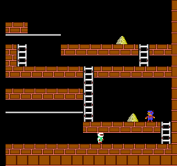 A brown brick platformer level displays a multi-tiered layout with horizontal platforms connected by white ladders. A small yellow character sprite stands on the lower-middle platform, while a red enemy sprite appears to the right. Yellow treasure chests sit atop two upper platforms. The black background contrasts with the orange-brown brick tilework and white ladder graphics rendered in low-resolution pixels typical of 8-bit NES graphics.