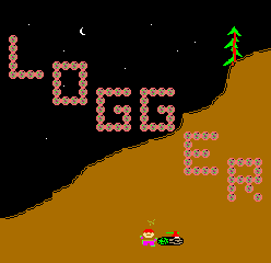 The title screen displays 'LOGGER' in large pixelated orange letters across the upper half against a black starry background. A brown diagonal hillside rises from the lower left, with a small pixelated character sprite and what appears to be a tree or log at the bottom center. Green and orange geometric shapes are scattered on the right side of the screen. The art style uses low-resolution pixel graphics with a limited color palette of black, brown, orange, and green typical of early 1980s arcade games.