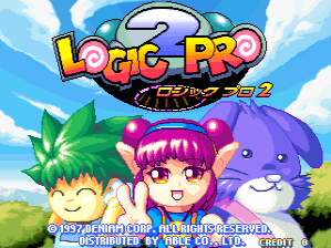 The title screen displays a large purple and yellow "LOGIC PRO 2" logo at the top center against a bright blue sky with white clouds. Below the logo are three chibi-style characters with distinct appearances: a boy with green spiky hair on the left, a girl with bright pink hair in the center, and a purple dog-like creature on the right. All three characters have exaggerated expressions and large eyes. At the bottom of the screen is white text reading "1997 DENIAM CO., LTD DISTRIBUTED BY SERVED." The background features a grassy landscape with green hills. The overall art style uses bright, saturated colors typical of late 1990s arcade sprite work.