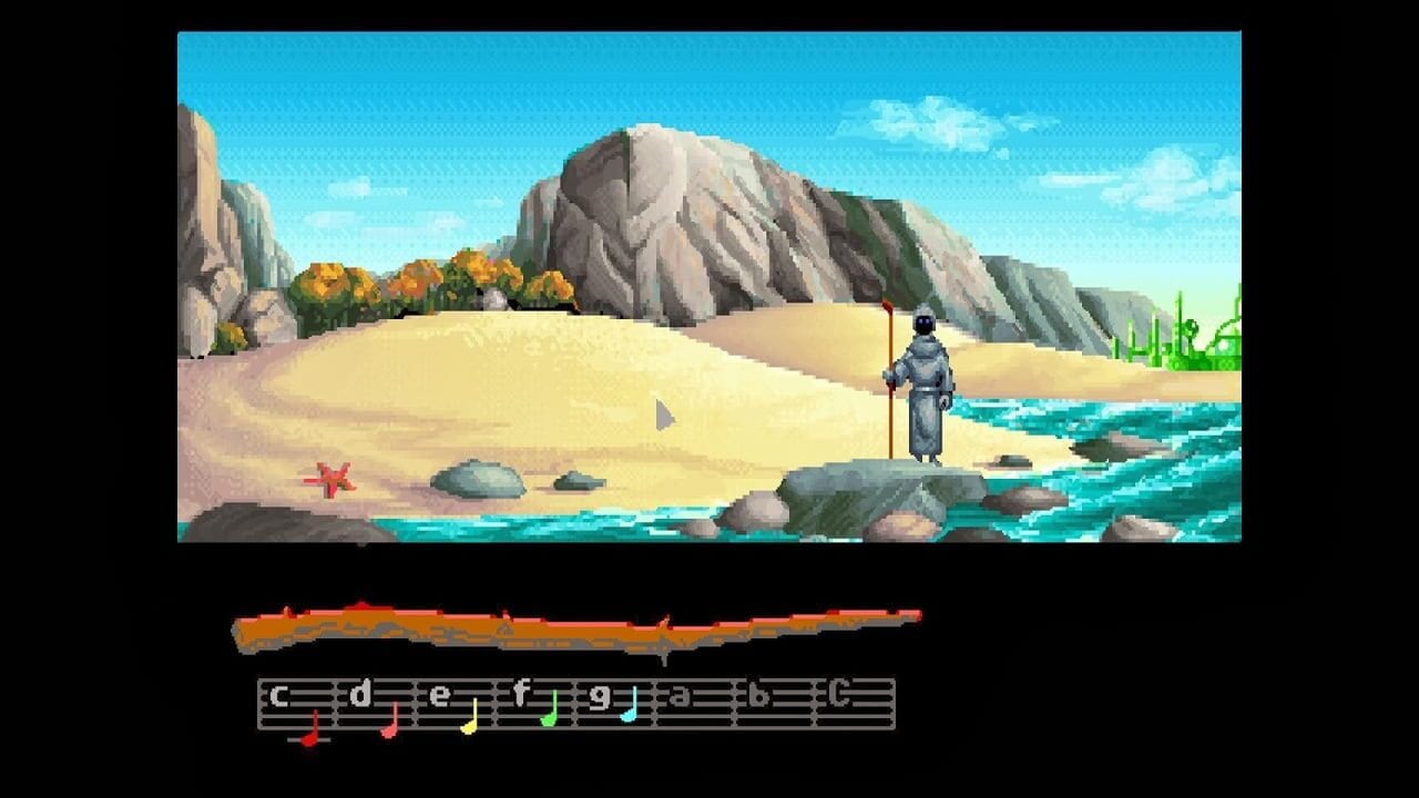 A robed figure stands on a rocky beach beside turquoise water, facing towering rock formations and desert landscape. The scene displays a pixel art style with a clear blue sky, scattered boulders, a red starfish on the sand, cacti in the distance, and autumn-colored trees near the cliff base. Below the main view, a musical staff displays color-coded notes in a horizontal sequence, with an orange waveform or musical notation bar above it, suggesting an interactive music or puzzle mechanic.
