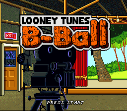 The title screen displays "LOONEY TUNES B-BALL" in large orange pixelated letters centered on a black background. Below the title sits a basketball hoop rendered in dark silhouette. The left side shows a wooden door frame with brown paneling, while the right side features a pastoral outdoor scene with green grass, trees, and sky. Red curtains hang above the basketball hoop. At the bottom, white text reads "PRESS START" in a standard arcade-style font. The overall art style uses 16-bit SNES-era sprite work with a limited color palette of oranges, blacks, greens, and earth tones.