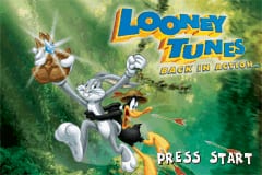 The title screen features the Looney Tunes logo in blue and yellow at the top center, with three cartoon characters positioned below: Bugs Bunny in the center, Daffy Duck to the left, and another character to the right. A green forest background with trees fills the upper portion. At the bottom, white text reading 'PRESS START' appears in a pixelated style typical of Game Boy Advance graphics. The overall art style uses bright colors and sprite-based character rendering.