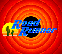 The title screen displays "Road Runner" in large blue letters with a yellow outline, positioned in the center-right. A small sprite of Road Runner stands to the left wearing a sombrero next to a cactus. Behind the text, concentric circles of red and orange radiate outward from a black center point, creating a vortex effect. The entire background fills with this hypnotic circular pattern in warm tones typical of SNES-era graphics.