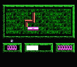 A green grid-based playfield dominates the center, with a colorful spiral-shaped game piece in tan and purple positioned in the upper-middle area. Below the playfield, three status panels display numerical information—a four-digit counter on the left showing "0000", a blank white panel in the center, and a six-digit counter on the right showing "000000". The entire interface is framed by a bright green border against a black background. The overall visual style uses low-resolution pixel sprites typical of NES-era graphics with a limited color palette of green, black, tan, and purple.