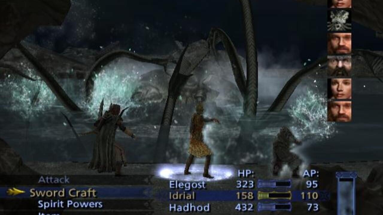 A turn-based battle screen displays three party members on the right side facing a large armored creature with tentacle-like appendages in the center-left. The left panel shows attack options including Sword Craft and Spirit Powers. Enemy and ally HP/AP bars appear in the middle and right, with character portraits stacked vertically on the far right. The background depicts a dark, misty environment with stone structures. Text labels identify enemies as Elegost, Idrial, and Hadhod with their respective stats visible.