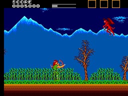 A sword-wielding character in red stands on brown ground in the lower-left, facing a red demonic figure in the upper-right area. The background features a blue mountain range and a dark night sky with brown wooden structures and green grass terrain. A score display reading 9095000 appears in the top-left corner, with empty item slots shown in the top-right. The color palette uses blue, red, brown, and green pixelated sprites typical of early SMS-era graphics.