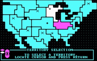 A map of the United States displayed in cyan and black pixels with state borders outlined. One state in the central region is highlighted in magenta. At the bottom, white text reads "TERRITORY SELECTION" with instructions below stating "LOCATE SELECT A TERRITORY" and "CURSOR AND PRESS RETURN." A small pink indicator showing "8" appears in the lower left corner. The interface uses a typical 1985 DOS-era color palette and blocky pixel font.