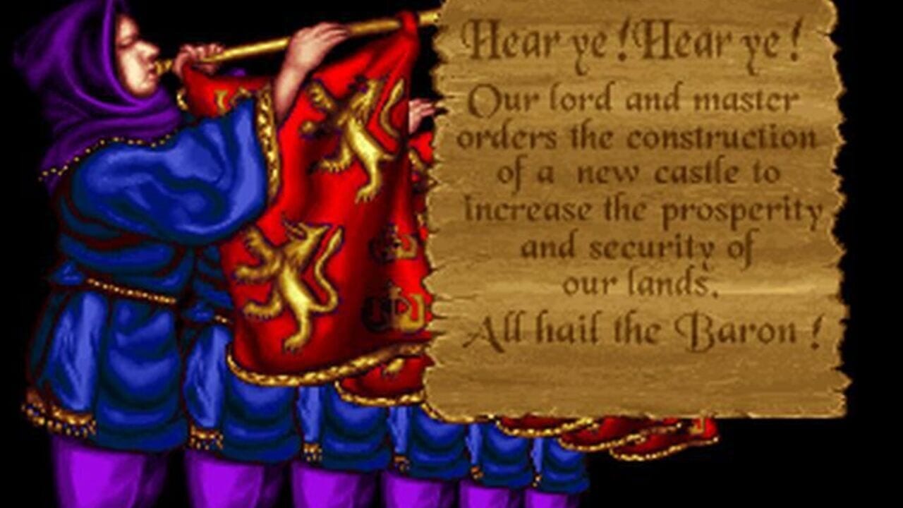A medieval herald in blue robes and purple hood blows a brass trumpet while holding a red banner with gold trim and lion heraldry. To the right, a parchment scroll displays text beginning with "Hear ye! Hear ye!" announcing a lord's orders to construct a new castle for prosperity and security, ending with "All hail the Baron!" The scroll has rough torn edges and tan coloring typical of retro 16-bit sprite graphics.
