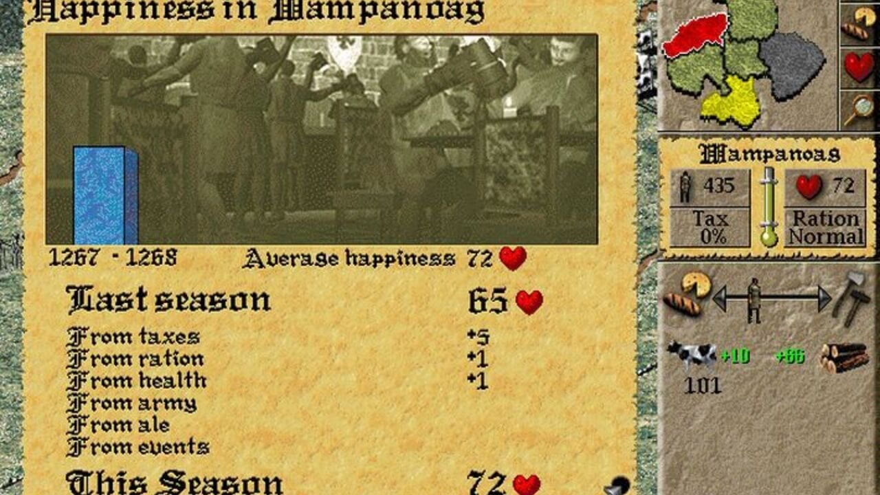 A medieval strategy game interface displays a province happiness report for Wampanoas from 1267-1268. The left panel shows a sepia-toned historical scene with multiple figures, with happiness metrics listed below including average happiness of 72, last season happiness of 65, and breakdown of happiness sources from taxes, rations, health, army, ale, and events. The right panel contains a color-coded map showing the region in red, green, and yellow territories, a statistics box displaying population 435 and hearts 72, tax and ration status, and a resource/military management interface at the bottom with army unit icons and numerical values.