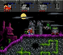 A side-scrolling platformer level displays three character portraits in the top-left corner. The main scene shows a dark landscape with magenta-colored stairs and platforms on the left, gray stone structures in the center, and neon green vegetation on the right. A yellow moon sits prominently in the upper-center background. The pixel art uses a dark color palette with bright accent colors, typical of 16-bit sprite graphics. Various enemies and obstacles are scattered throughout the level terrain.