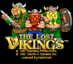 The title screen displays four armored Viking characters across the top in a colorful pixel art style, each holding weapons and showing distinct designs in green, orange, and brown tones. Below them, the yellow and gold "THE LOST VIKINGS" logo is prominently centered, with copyright text for Interplay Productions and Silicon & Synapse visible underneath. The black background contrasts sharply with the bright sprite artwork, characteristic of early 1990s DOS game aesthetics.