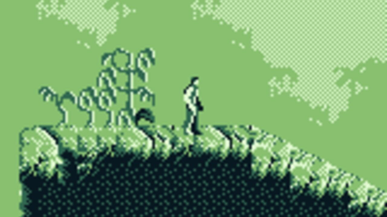 A pixelated character in light clothing stands on a dark rocky platform surrounded by green vegetation and a tall plant with curved leaves. The character is positioned in the center-right of the frame on uneven terrain rendered in dark green and black pixels. The background shows a bright green sky with light patterns suggesting foliage or clouds at the top. The art style uses a limited color palette typical of Game Boy graphics, with distinct pixel-based sprites and blocky environmental elements.