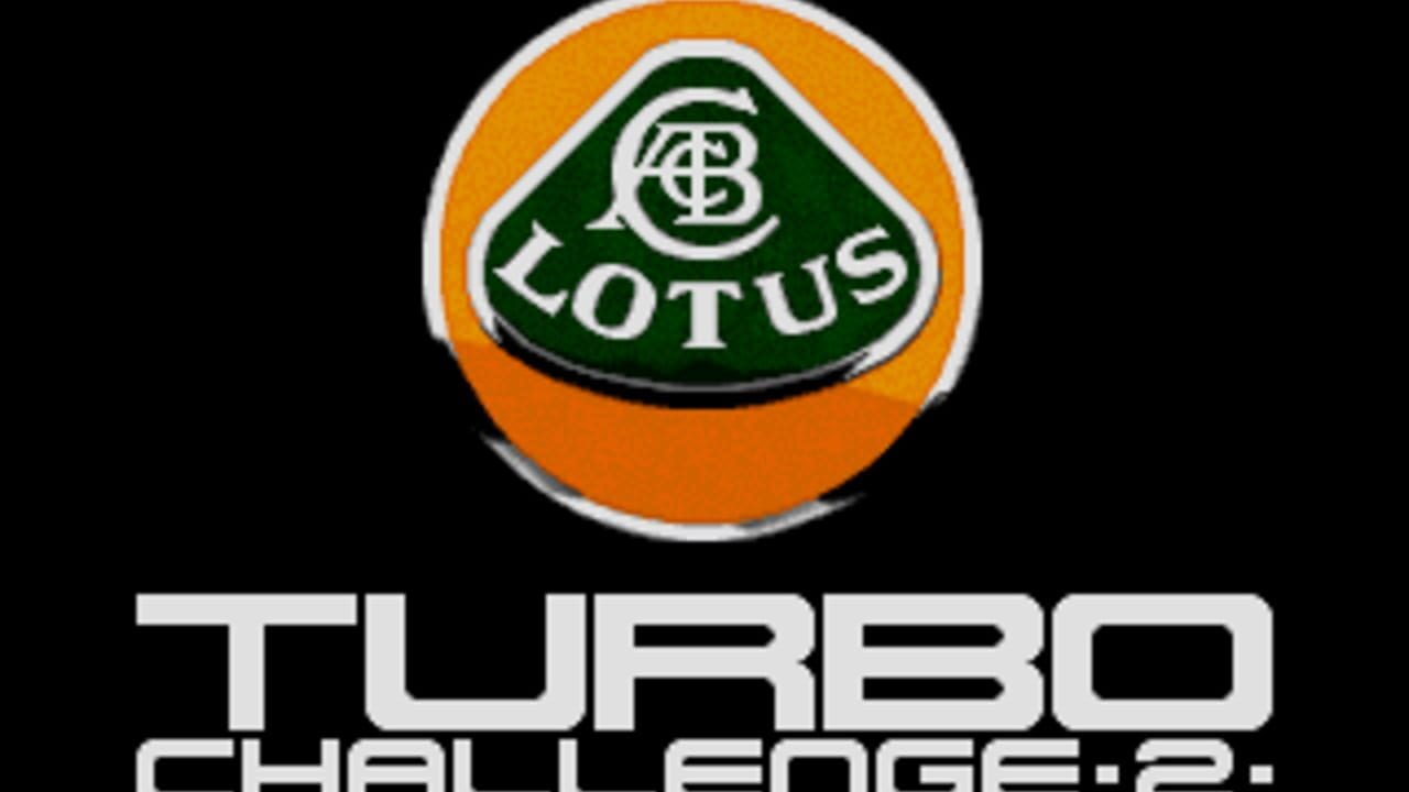 The Lotus Turbo Challenge 2 title screen displays the Lotus brand logo at center, featuring a green shield with white text and decorative elements set within an orange circular background with white border. Below the logo, large white capital letters spell 'TURBO CHALLENGE 2' against a solid black background. The overall composition is centered and symmetrical, using a typical early-1990s game presentation style with clean vector-based graphics.
