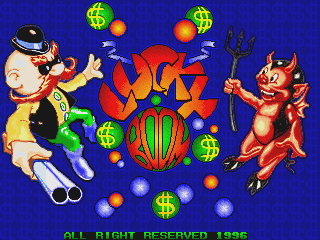 The title screen displays 'LUCKY BOOM' in large red and yellow pixel lettering at center. A rotund character in a yellow outfit with a black hat gestures from the left, while a red demon-like creature with horns poses on the right. Dollar signs, coins, and colorful orbs scatter across the blue background. Text reading 'ALL RIGHTS RESERVED 1996' appears at the bottom in yellow text.