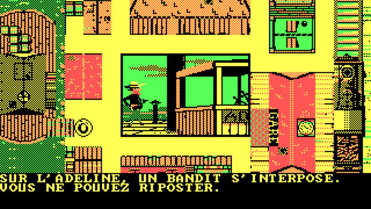 A colorful DOS-era pixel art scene depicts an interior house layout with yellow walls, red and pink furniture, and green doorways. A small sprite character wearing a hat stands in the center room. The interface displays French text at the bottom reading "SUR L'ADELINE, UN BANDIT S'INTERPOSE. VOUS NE POUVEZ RIPOSTE." Multiple rooms are visible with wood-textured elements, windows, and decorative patterns in the characteristic 8-bit color palette of early 1990s adventure games.