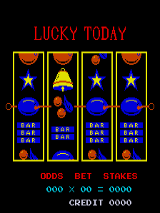 The title screen displays "LUCKY TODAY" in red text at the top. Below are four slot machine reels with yellow borders, each showing rotating symbols including stars, bells, and oranges on a blue background. The reels sit above a blue panel labeled "BAR BAR BAR" repeated four times. At the bottom, cyan text reads "ODDS BET STAKES" with "000 × 00 = 0000" displayed, followed by "CREDIT 0000" in white text. The entire screen uses a black background with gold and yellow decorative elements framing the gameplay area.