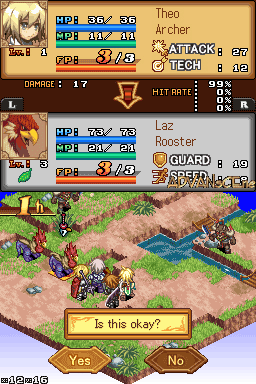 A tactical battle interface displays two character stat panels at top: Theo the Archer with HP 83/93 and Laz the Booster with HP 83/93, each showing equipment and ability icons. Below, an isometric battlefield view shows grouped units positioned on terrain with trees and water. A yellow dialogue box with "Is this okay?" appears at bottom center, flanked by "Yes" and "No" buttons. The sprite artwork uses a colorful DS-era pixel style with distinct character portraits in the upper left corners.