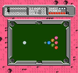 A pool table with a green felt surface occupies the center of the screen, bordered by gray rails at the corners. A white cue ball sits in the upper left area, while a cluster of colored billiard balls—including yellow, red, blue, and striped variants—are positioned in the lower right portion of the table. The screen is framed by a bright pink arcade cabinet bezel with game information displayed at the top in black text boxes, showing score and gameplay statistics. The overall composition uses flat, pixelated NES-era graphics with a limited color palette characteristic of 1980s arcade-style games.