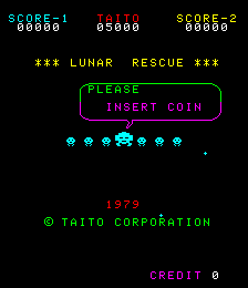 The title screen displays two score readouts at the top in cyan text, followed by "### LUNAR RESCUE ###" in yellow capitals. Below sits a magenta outlined rectangular box containing the instruction "INSERT COIN" in magenta text. A row of small cyan pixel sprites depicting a lunar lander and surface elements appears in the middle. The year "1979" is centered in red text, with "© TAITO CORPORATION" in green below it. "CREDIT 0" appears in magenta at the bottom right. The background is entirely black, typical of early arcade cabinet displays.