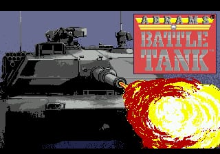 The M-1 Abrams Battle Tank title screen displays the game logo in red and yellow letters in the upper right corner. A military tank viewed from the side occupies the left half of the screen in olive drab coloring. On the right side, a large explosion with yellow and orange flames bursts outward. The background shows a hazy blue-gray sky typical of Sega Genesis visual presentation, with the overall composition emphasizing military hardware and action.