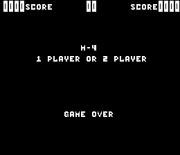 A black screen displays white pixelated text arranged vertically. At the top, score information appears in the upper corners with "SCORE" labels. Below that, "M-4" is centered, followed by "1 PLAYER OR 2 PLAYER" as a menu option. Near the bottom, "GAME OVER" is displayed in large capital letters. The entire interface uses a simple monospace font typical of 1977 arcade hardware.