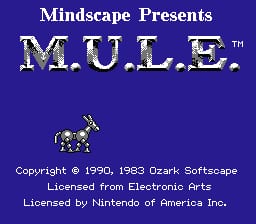 The title screen displays "M.U.L.E." in large gold pixelated lettering against a solid purple background. Below the title, a small green and yellow sprite of a mule stands centered on the screen. Copyright text appears at the bottom stating "Copyright © 1990, 1983 Ozark Softscape" and "Licensed by Nintendo of America Inc." The text uses a simple white font typical of NES-era graphics with visible pixelation throughout.