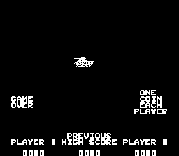 A black background displays the M79 Ambush title screen. A small pixelated helicopter sprite appears centered near the top. Text reading "GAME OVER" is positioned on the left side. On the right side, "ONE COIN ONE PLAYER" and "ONE COIN TWO PLAYERS" appear in white text. At the bottom, "PLAYER 1" is shown on the left with "0" displayed below it, "PREVIOUS HIGH SCORE" is centered, and "PLAYER 2" appears on the right. All text uses a simple arcade-style font against the solid black field.