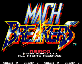 The title screen displays 'MACH BREAKERS' in large, stylized blue and red letters with yellow lightning bolt accents and a chrome effect. Below the logo appears '© 1995 NAMCO LTD. ALL RIGHTS RESERVED' in white text on a black background. At the bottom, a credit counter reads 'CREDIT 0' on both left and right sides in yellow text. The overall design uses a dark background with bright neon-style lettering typical of mid-1990s arcade aesthetics.