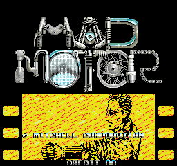 The Mad Motor title screen features large pixelated white lettering spelling "MAD MOTOR" at the top against a black background. Below is a yellow horizontal band containing a pixel-art illustration of a man's face on the right side, with the word "READY" visible on the left in smaller text. Two yellow rectangular blocks frame the top and bottom edges of the yellow band. The overall composition uses a limited palette of black, white, yellow, and flesh tones typical of late-1980s arcade hardware.