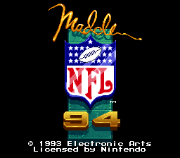 The title screen features the gold Madden signature at the top, followed by the NFL shield logo with a blue eagle and stars, and the number 94 in gold below. A copyright notice for Electronic Arts and Sega Genesis appears at the bottom in light gray text against a black background. The design uses a simple vertical layout with minimal animation or background elements.