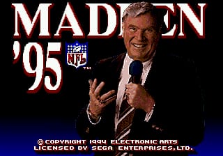 The Madden NFL 95 title screen features a man in a dark suit and tie against a black background, positioned in the upper center. The title "MADDEN '95" appears in large white letters at the top left, with a small NFL shield logo below it. A blue gradient bar stretches across the lower portion of the screen. Copyright text for Electronic Arts and Sega appears at the bottom in small white font. The man gestures with both hands raised in a friendly pose.