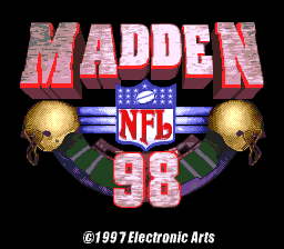 The title screen displays 'MADDEN' in large red pixelated letters at the top, with the NFL shield logo centered below it in blue and white. Two golden football-shaped ornaments flank the shield on either side. Below the shield, the number '98' appears in red lettering. At the bottom, white text reads '©1997 Electronic Arts'. The background is black with a green football field visible at the shield's base.