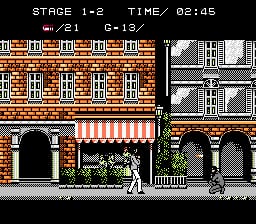 Stage 1-2 gameplay shows a street scene with brick buildings featuring storefronts with striped awnings and doorways at ground level. A player character in light-colored clothing stands in the lower-left area. The upper portion displays a side-scrolling interior view of multiple rooms with brown walls and doorways. At the top, UI elements show "STAGE 1-2", "TIME/ 02:45", and numerical values "21" and "0-19". The visual style employs 8-bit NES-era sprites and a limited color palette of browns, reds, whites, and blacks typical of early 1990s cartridge graphics.