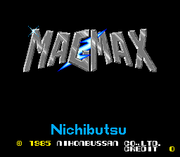 The title screen displays 'MAG MAX' in large gray metallic lettering with a blue angular shape cutting through the center. Below the logo, cyan text reads 'Nichibutsu' with yellow copyright symbol and '1985' on the left side, followed by Japanese characters and 'DIGHT' on the right. The background is solid black. The text uses the flat, blocky pixel art style typical of 1985 arcade hardware.