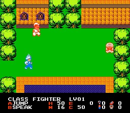 A top-down outdoor scene displays a blue-robed player character in the center-left of a bright green grassy area bordered by orange-brick walls and yellow-green foliage. Two pink enemies stand in the middle-right and right portions of the field. An orange-roofed building with red doors sits at the top center. At the bottom, a status bar shows CLASS FIGHTER, LEVEL 1, STRENGTH 0, LIFE 10, EXP 0 in white text against a dark background. The NES-era sprite graphics use a limited pixel palette with clear tile-based architecture.