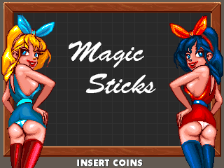 The title screen features two female characters with blonde and blue hair respectively, positioned on either side of the center text "Magic Sticks" in white script font against a dark checkered background. Each character wears colorful outfit with blue and red accents and red boots. An orange wooden frame border surrounds the entire screen, and at the bottom center the text "INSERT COINS" appears in white, indicating the arcade coin-prompt interface.