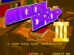 The title screen displays 'MAGICAL DROP' in large purple and white 3D lettering against a brown textured background. Below the title, white text reads 'DATA EAST' and '© 1997 DATA EAST CORPORATION'. In the bottom right corner, game information shows 'LEVEL-4' and 'CREDIT 00' in orange text. A small Data East logo appears in the upper right. The overall composition uses a warm color palette with golden and brown tones dominating the background.