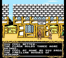 A yellow palace or castle interior dominates the screen, featuring ornate architectural details with repeated arches, decorative patterns, and doorways rendered in orange and yellow tones. White brick walls form the upper portion of the scene. At the bottom, white text on a black dialogue box reads dialogue about a magician's journey and passing through familiar houses. The pixel art uses a limited color palette typical of early NES games, with solid blocks forming the environment structure.