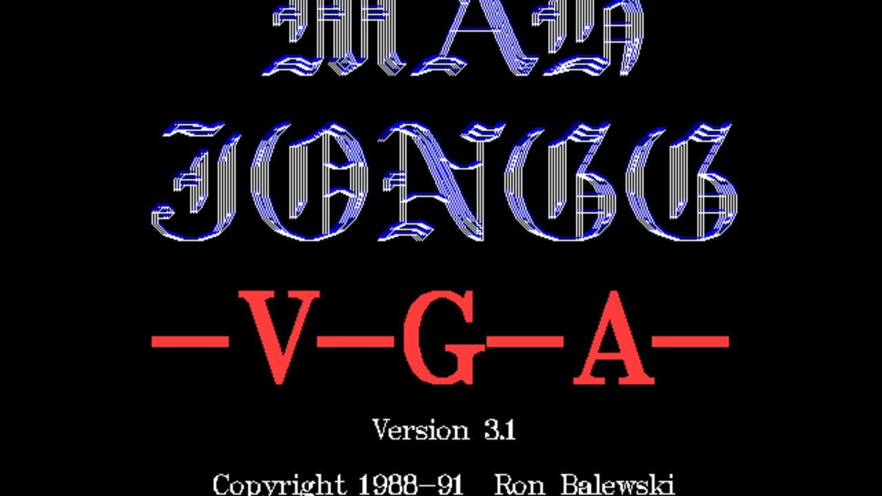 The title screen displays blue-outlined serif text reading "麻雀" (Mahjong) in the upper portion, with "-V-G-A-" in red letters centered below. At the bottom, white text states "Version 3.1" and "Copyright 1988-91 Ron Balewski" against a black background. The typography uses a striped, high-contrast aesthetic typical of early VGA graphics.