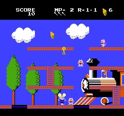A side-scrolling platformer level displays a blue sky background with white clouds and a vertical tree on the left. A small white mouse character stands on a red platform in the center, with additional platforms extending across the screen. A cat enemy and other anthropomorphic characters occupy various platforms. The right side shows a building structure with blue and orange coloring. The top-left corner displays a score of 10 and MP counter showing 2 R-1-1, with a power-up icon on the right. The pixel art uses bright primary colors typical of 8-bit NES graphics.