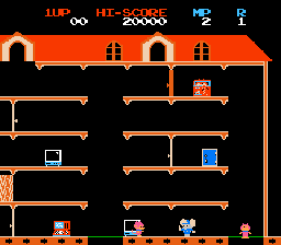 A multi-level platformer stage displays seven horizontal platforms connected by vertical passages against a black background. Orange architectural elements frame the playfield with arches at top and sides. The score bar at the top shows "1UP", "HI-SCORE", "MP", and "1" in white and orange text. A cat sprite appears in the lower-left area, while multiple mouse-like enemies in red and blue are scattered across the middle and lower platforms. The sprite palette uses orange, red, blue, and white pixels on a low-resolution grid typical of early 1980s arcade hardware.