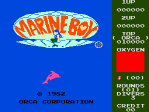 The Marine Boy arcade title screen displays a large orange and white logo at the top center featuring the game's title and a small character sprite. Below it sits a pink dolphin sprite against a solid blue background. The bottom left corner shows a 1982 copyright notice for Orca Corporation. The right side contains a green vertical panel listing game information including 1UP and 2UP score displays showing 000000, top score 060000, oxygen meter, rounds display, dip switches, and credit count. Pixel-based sprite graphics and bright primary colors define the visual style.