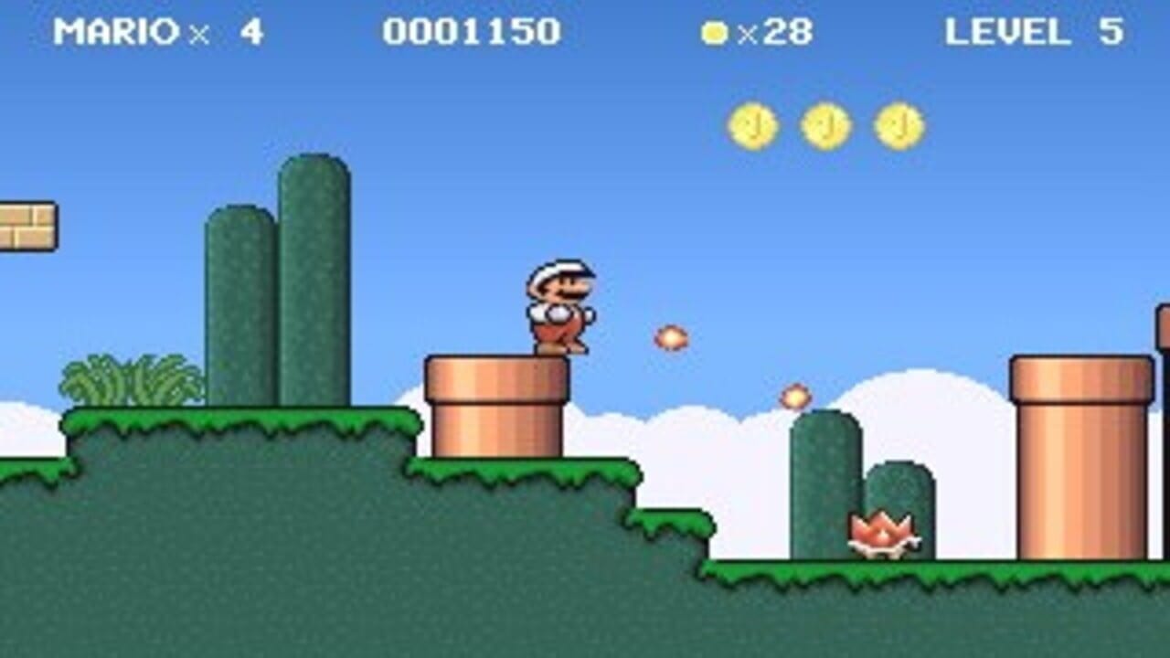 Mario stands atop a brown pipe in the center-left of a platformer level with green terrain and blue sky. Three yellow coins float in the upper right. A green pipe with a red Piranha Plant emerges from the ground to the right. Brown pipes with green-topped structures frame the scene on both sides. The HUD displays Mario × 4 lives, score 0001150, 28 coins collected, and Level 5 in white text at the top. White clouds fill the background. The art style uses bright, blocky 16-bit sprites typical of early 2000s platformers.