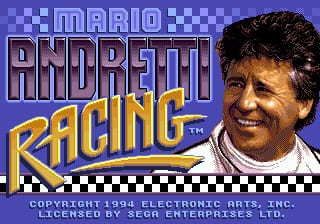 The title screen displays "MARIO ANDRETTI RACING" in large blue and yellow text at the top, with a checkered pattern banner below. A photograph of Mario Andretti, a smiling man with dark hair wearing casual attire, occupies the right side of the screen. The background is predominantly purple-blue with a checkered racing theme. Copyright text for Electronec Arts and Sega licensing appears at the bottom in white text on a black bar. The overall layout uses a 16-bit sprite aesthetic typical of Sega Genesis-era games.